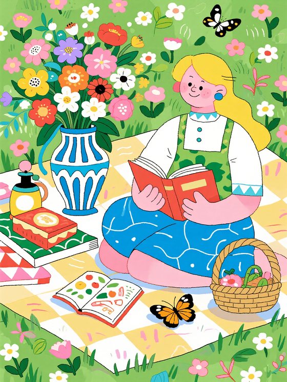 清新女孩花园野餐看书